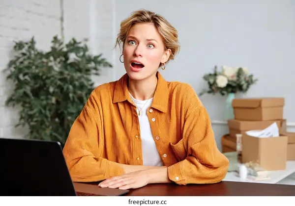 Surprised Woman Working at Home