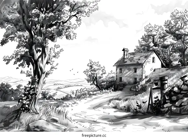 Black and White Illustration of a Countryside House with a Path