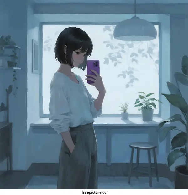 A young woman taking a selfie in a bright room with plants