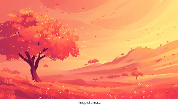 Sunset Landscape with a Tree and Mountains