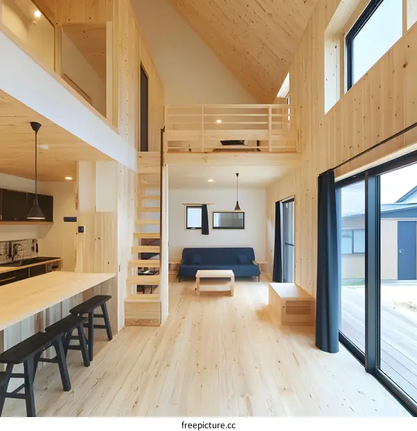 Modern Loft Style Interior Design with Wooden Walls and a Blue Sofa