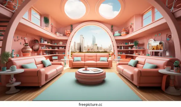 Retro Futuristic Living Room Interior Design: Pink, Blue, and Green