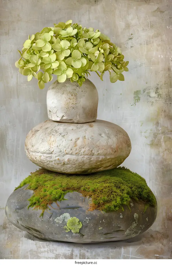 Green Hydrangea Flower in Stone Vase with Moss