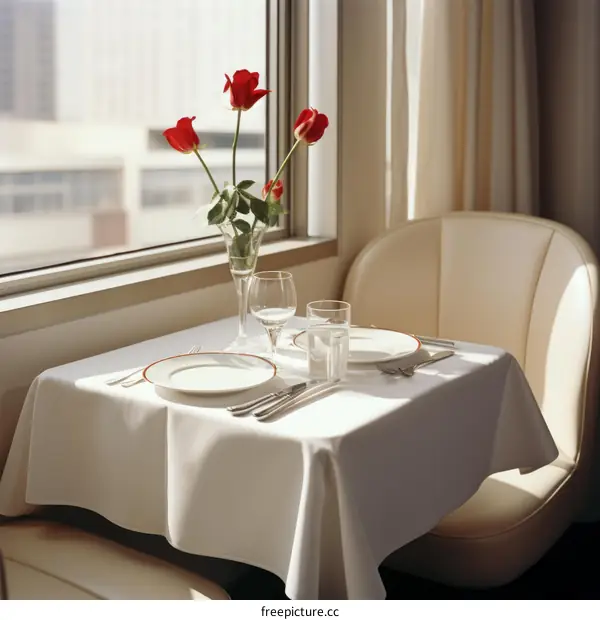 Elegant Table Setting with Red Roses by the Window