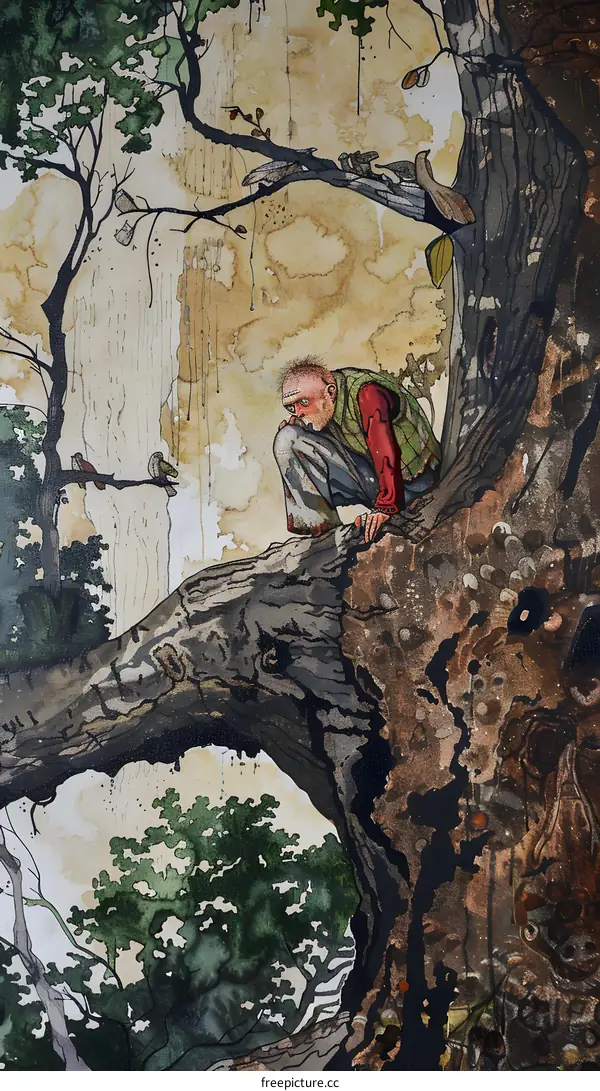Man Hiding in the Tree Watercolor Illustration
