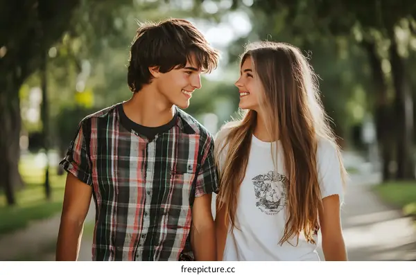 Romantic Couple Walking in Park, Teenagers in Love, Holding Hands