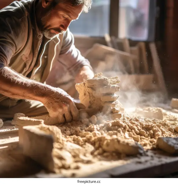 Craftsman carefully working with sandstone