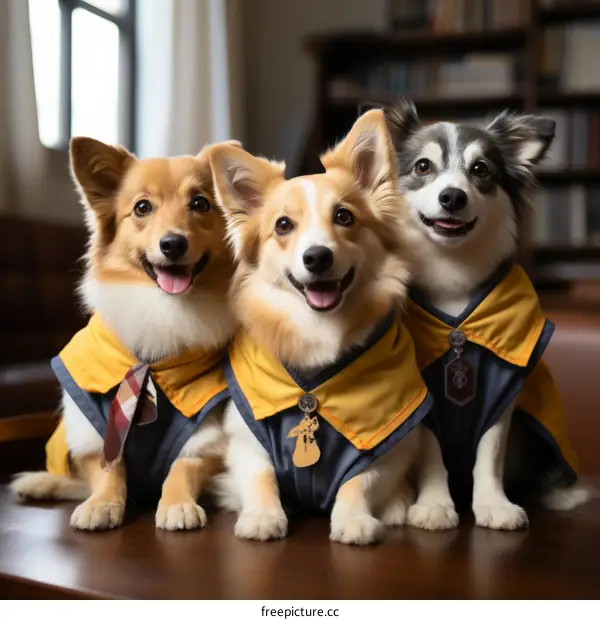 Three happy corgis wearing graduation robes