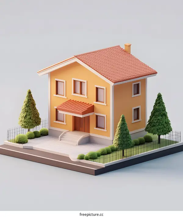 3D Render of a Yellow House with a Red Roof