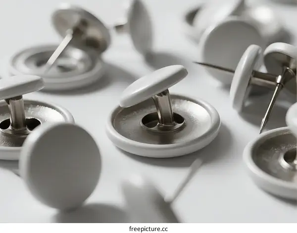 Close-up view of white push pins on white background