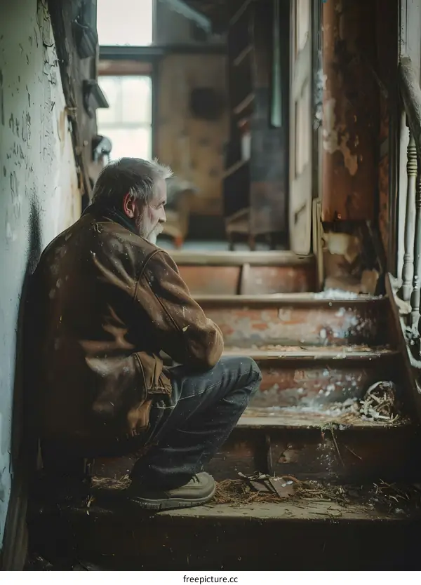 An old man sits on the stairs of an abandoned house