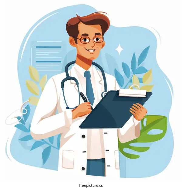 A male doctor in a white coat is writing on a clipboard