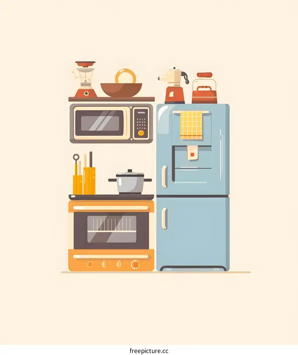Kitchen Appliances Illustration with Oven, Microwave, and Fridge