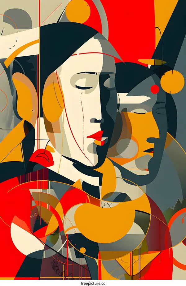 Abstract Art with Two Faces in Red Yellow and Blue