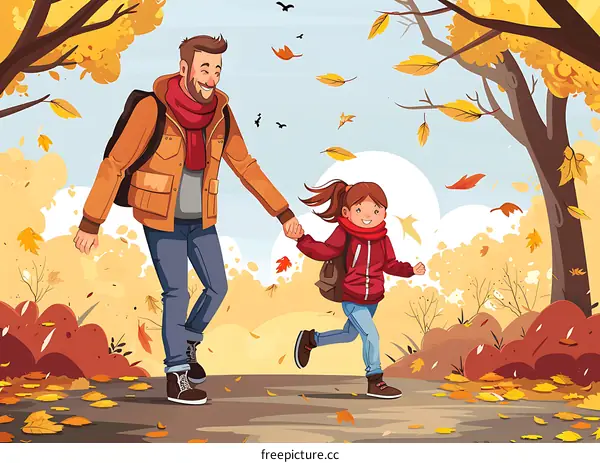 Father and Daughter Walking in the Autumn Forest