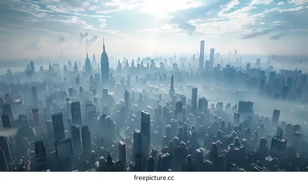 A bustling metropolis with skyscrapers and a river