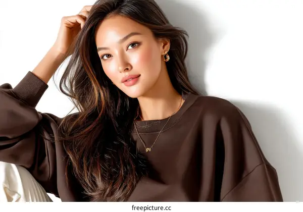 Beautiful Asian Woman Wearing Brown Sweatshirt