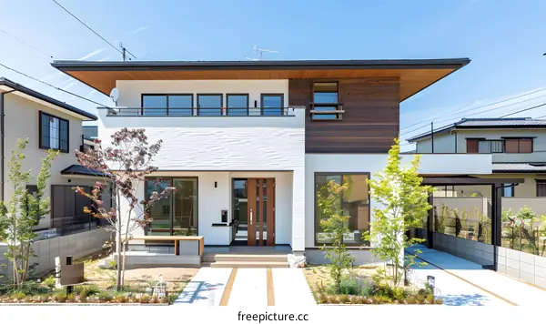 Modern Two Story House with Wooden Accents and Green Landscaping