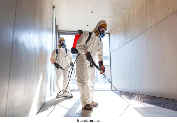Two workers in protective suits disinfecting a corridor