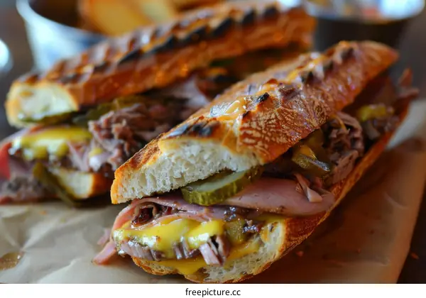 A delicious sandwich with ham, cheese, and pickles