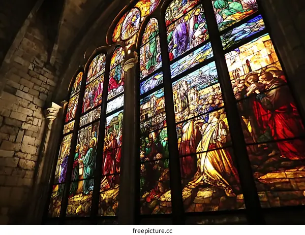 Stained Glass Window In A Church With Religious Scenes