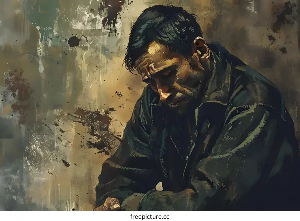 A sad man sits against a stained wall