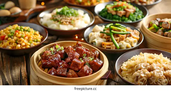 A delicious spread of Chinese food including pork, dumplings, rice and vegetables