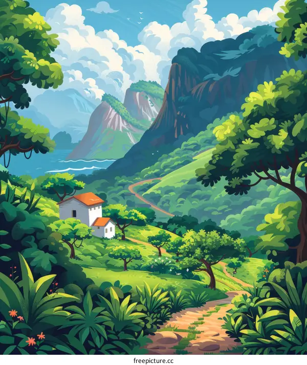 Serene House Nestled in a Valley Amidst Majestic Mountains and Tranquil Sea