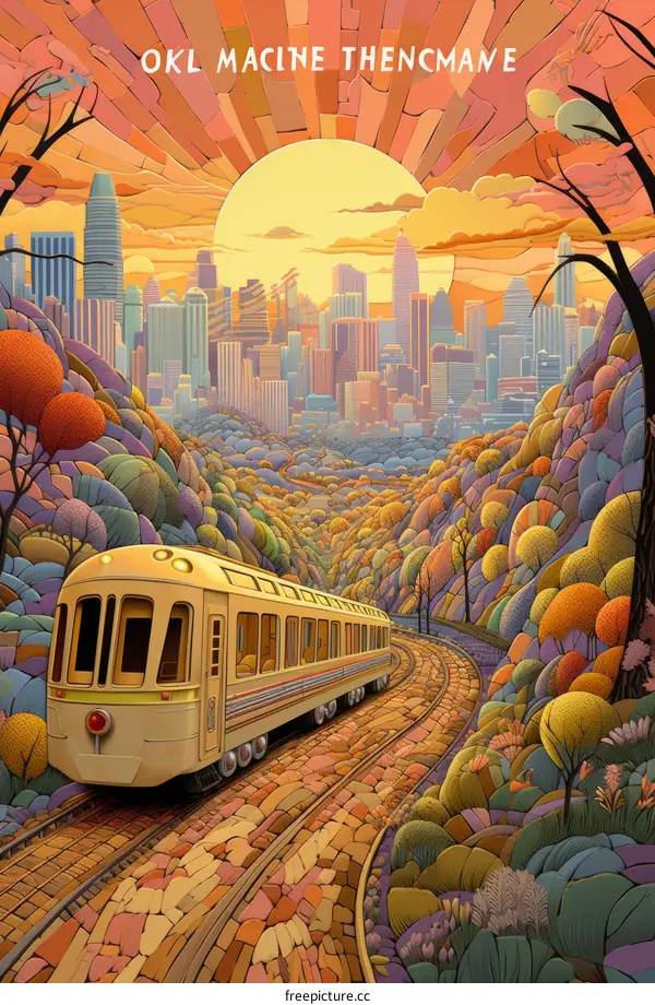 Retro Futurism Cityscape With Train Tracks And Trees