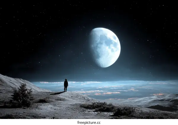 Solitary Figure Gazing at a Full Moon over a Lunar Landscape
