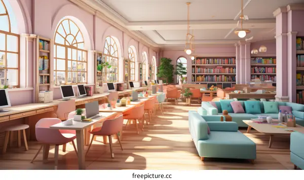 pastel pink modern library interior design