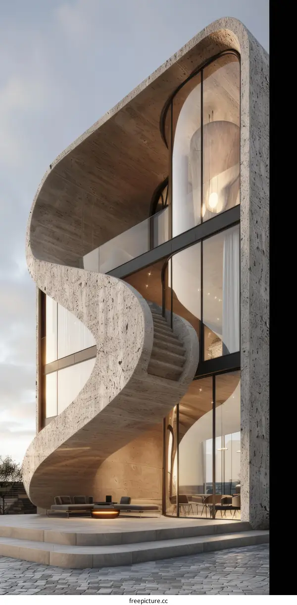 Futuristic concrete house with curved staircase