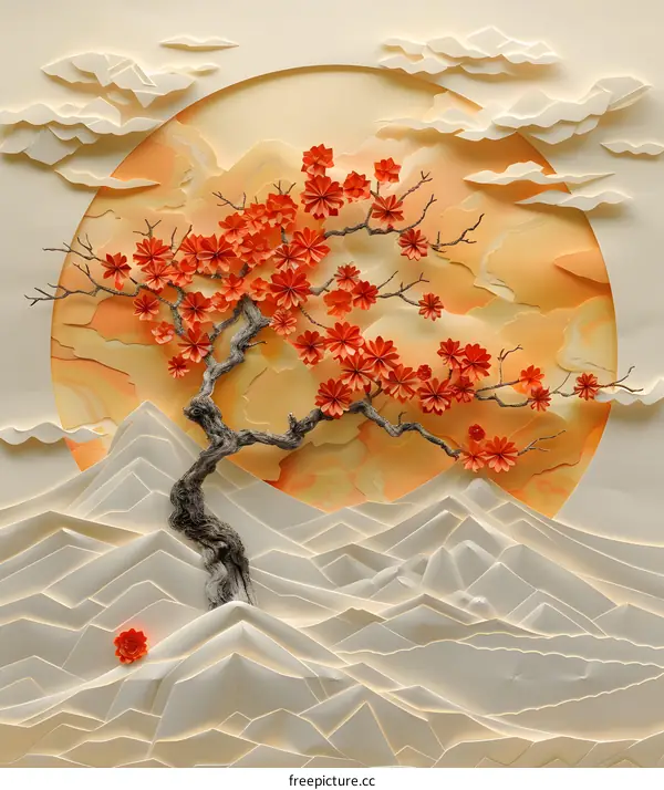 Paper Art Mountains and Blossoming Tree