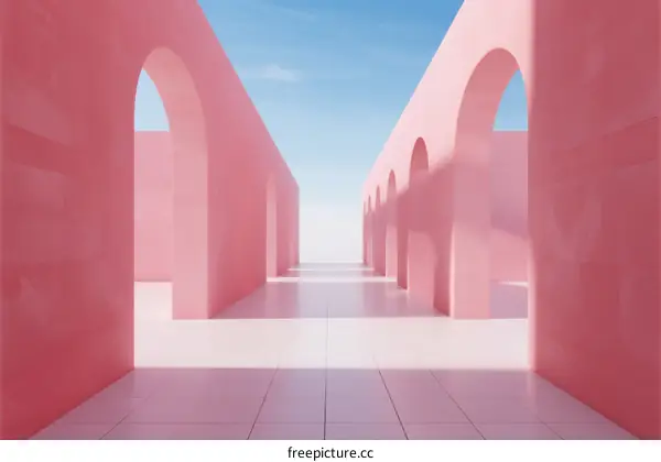Minimalist Pink Arches Leading to Clear Blue Sky