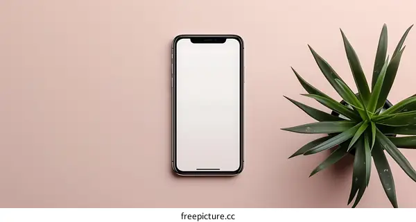 Blank Smartphone Screen with Green Plant on Pink Background