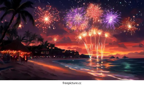 Beach Fireworks Celebration at Night