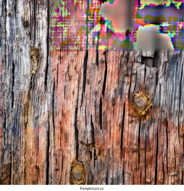 Colorful glitch texture over a photo of an old wooden fence
