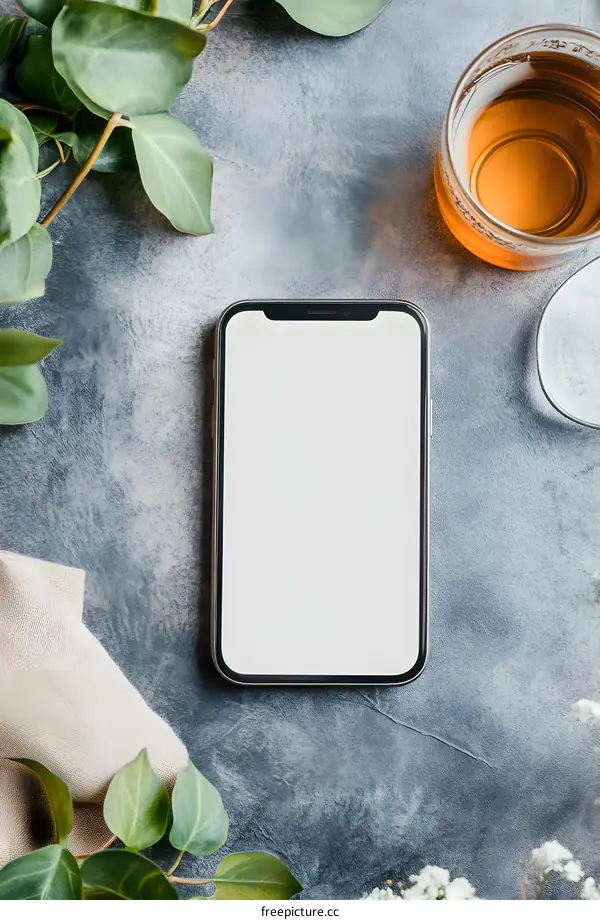 Top View of a Smartphone With Blank Screen on Grey Background