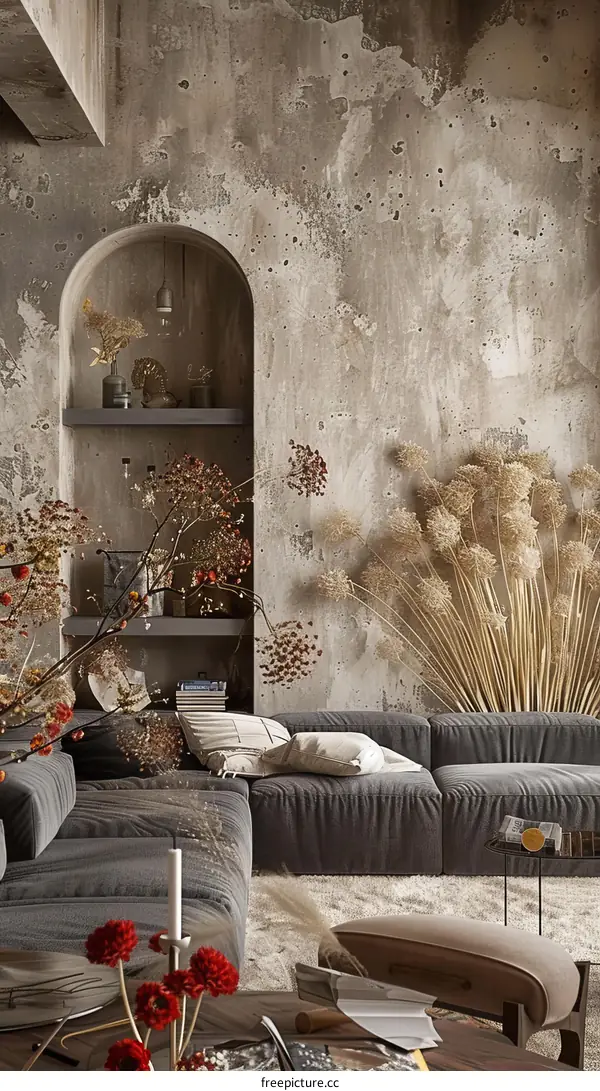 Modern living room interior with gray sofa and dried plants