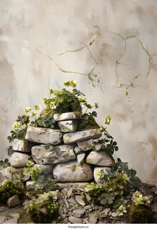 Stone Stack with Green Plants and Moss Against a Weathered Wall