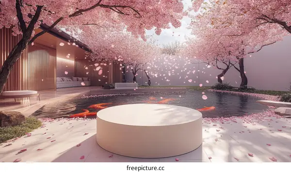 Cherry Blossom Garden with a Round Platform