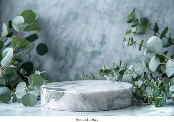 Green marble product display with eucalyptus leaves