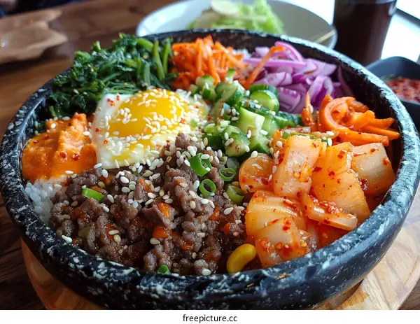 Korean food dolsot bibimbap with beef, egg and vegetables in a hot stone bowl