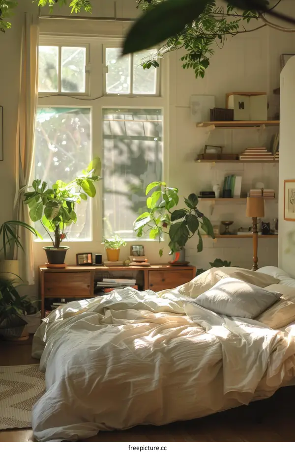 A cozy bedroom with sunlight and plants