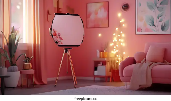 Pink Living Room with Tripod and Flower Decor