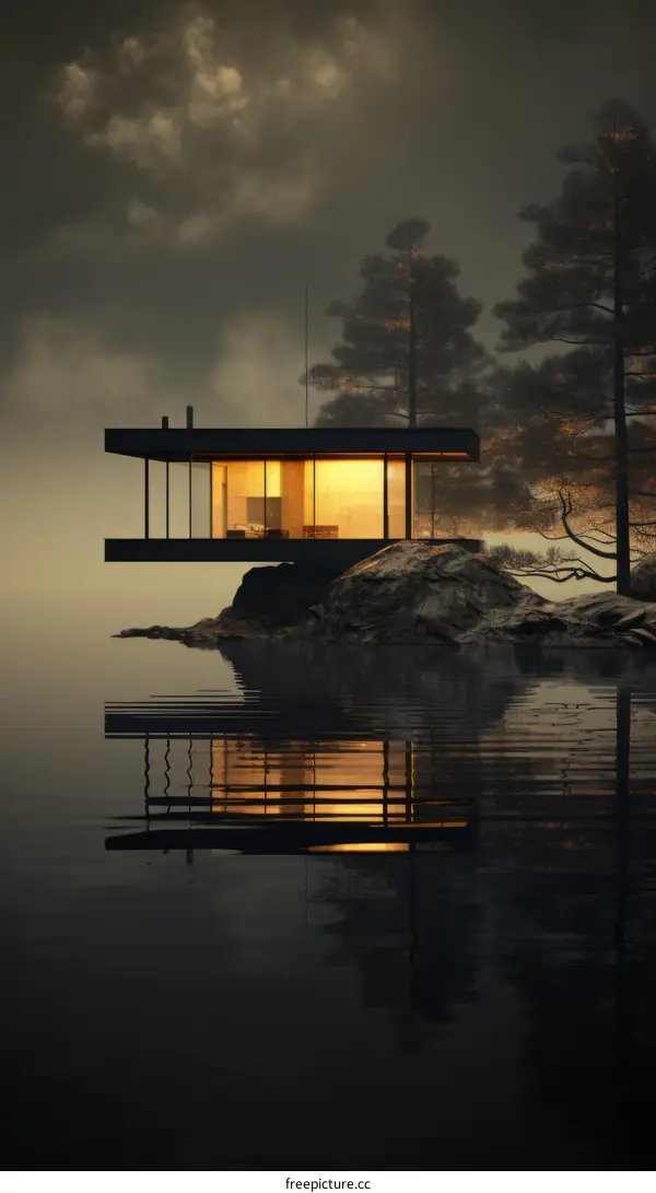 A modern house on a lake with a beautiful sunset