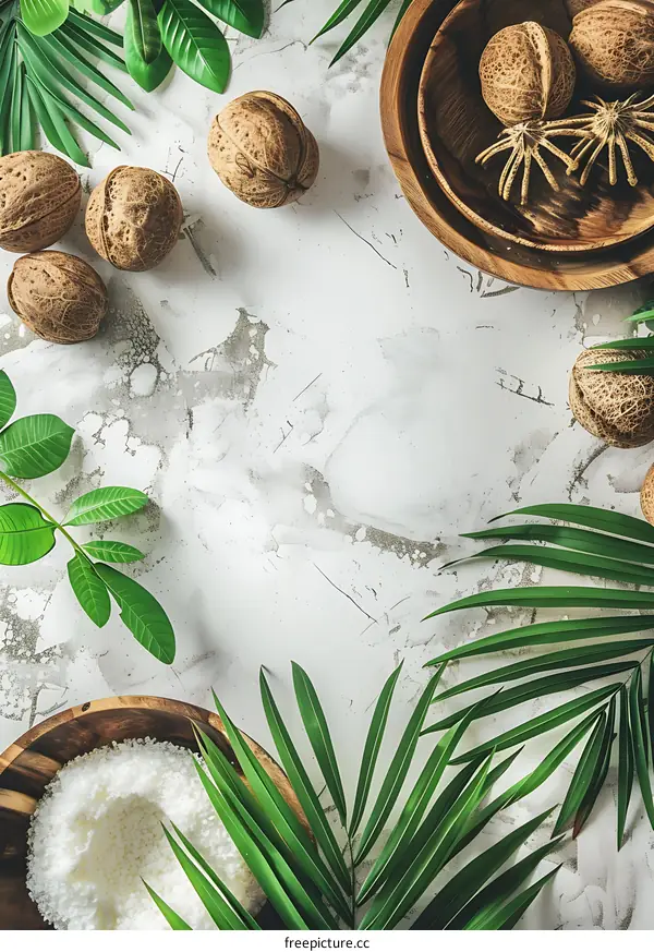 Green Leaves and Nuts on White Background