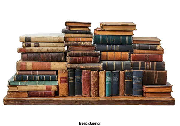 [Transparent Background PNG]Vintage Books Collection on Wooden Shelf