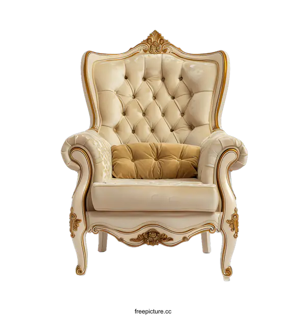 [Transparent Background PNG]White and Gold Upholstered Armchair with Pillow