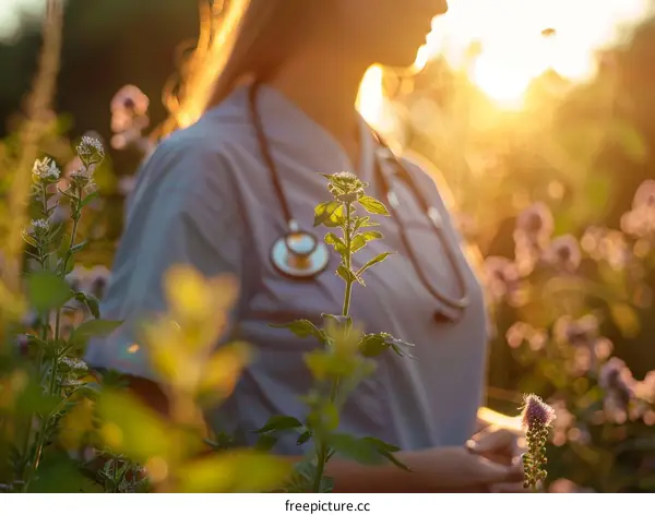 Young female doctor in a field of flowers at sunset